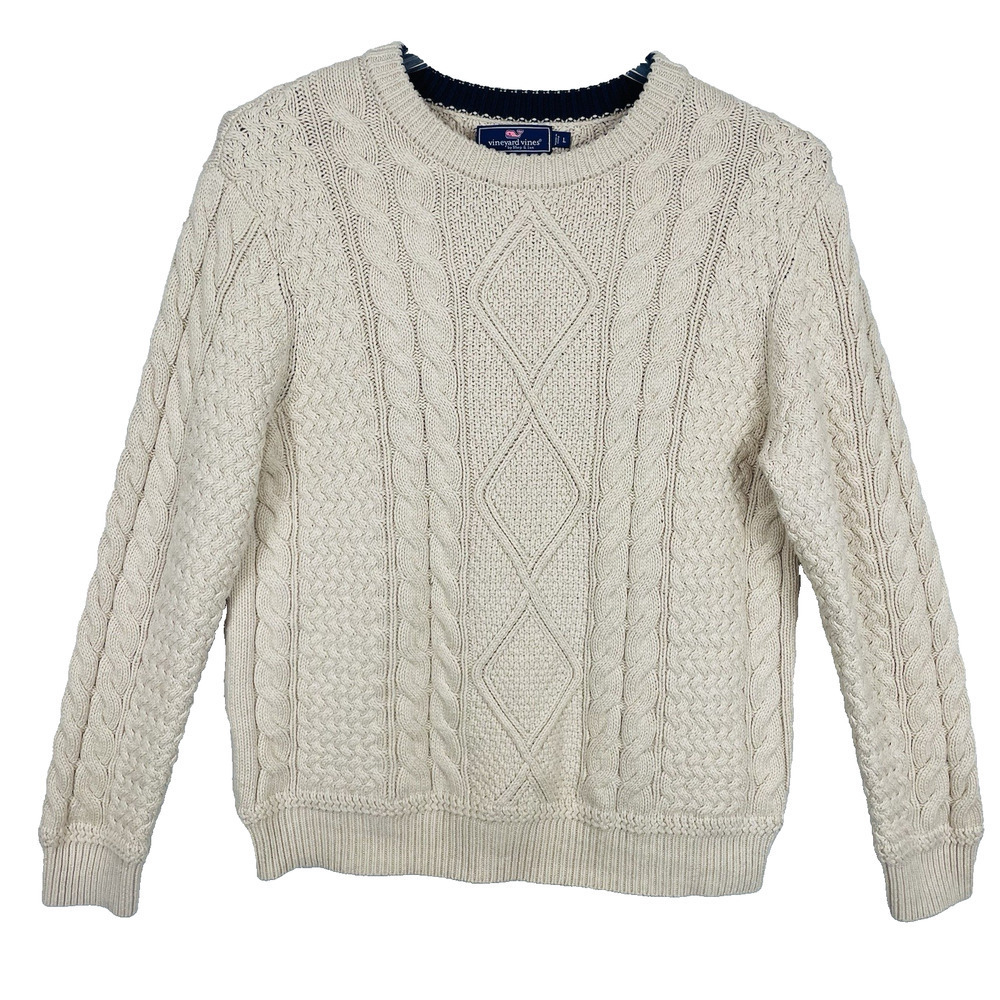 Vineyard Vines Cable Knit Sweater Mens L Ivory Cotton Merino Wool Fisherman Crew